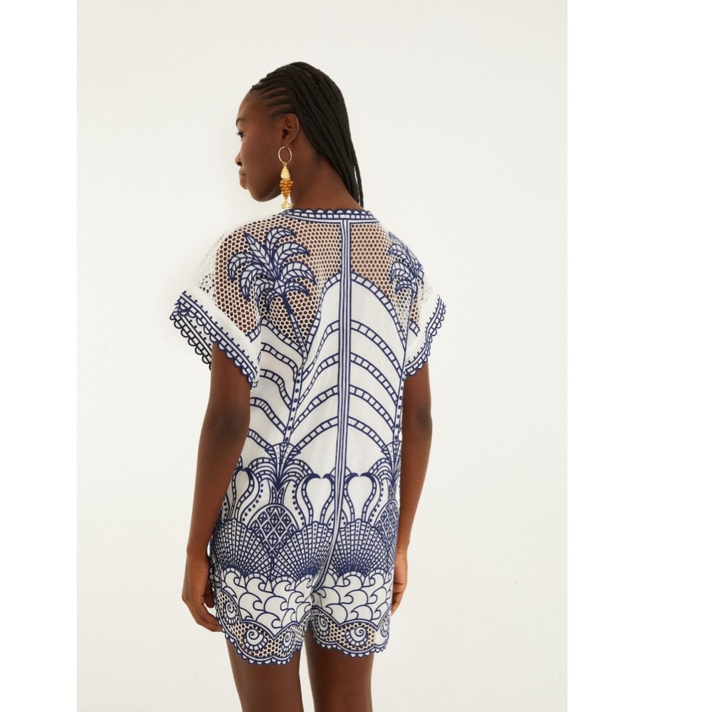 FARM Rio Blue Richelieu Plunging Neck Romper Size XS NWT Embroidered Lace - Picture 11 of 15